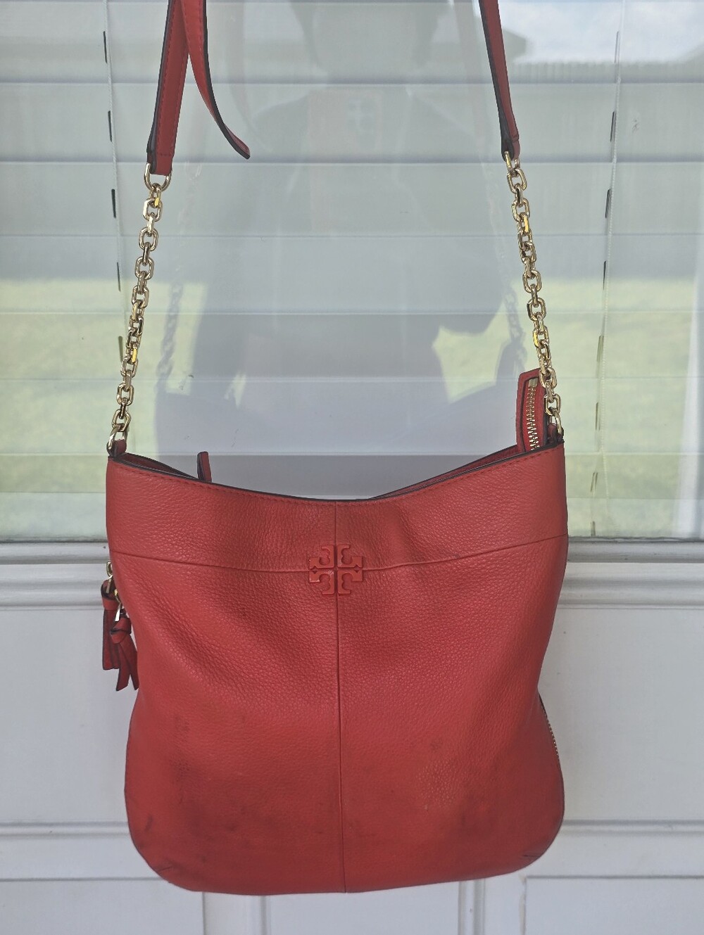 Tory Burch Red Pebbled Leather Crossbody Shoulder Bag Gold Chain Tassel - Picture 3 of 15